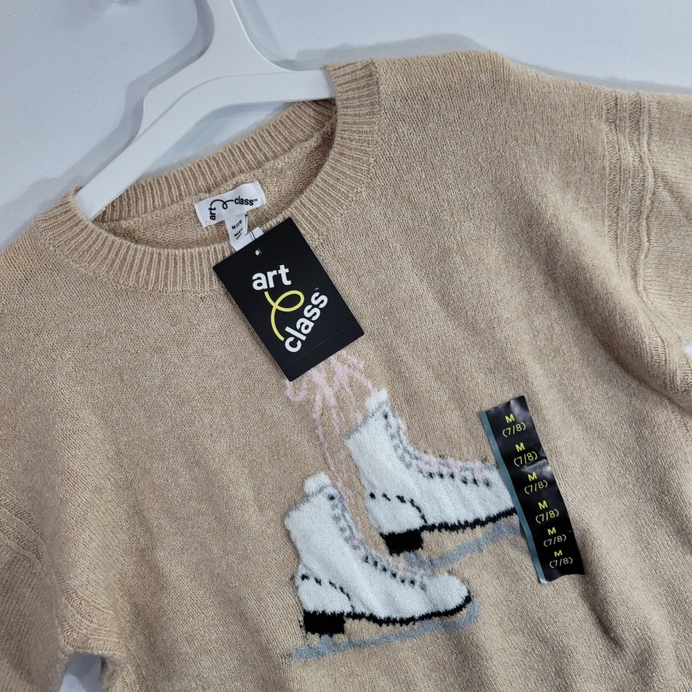 Art Class Kids Ice Skate Graphic Sweater Hamptons Beige Size M 7/8 NEW